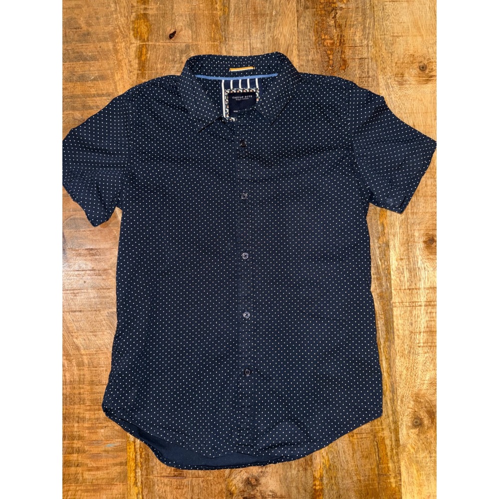 Cactus Boys Ricky Singh Navy Blue Polka Dot Short Sleeve Button Down Shirt 9/10